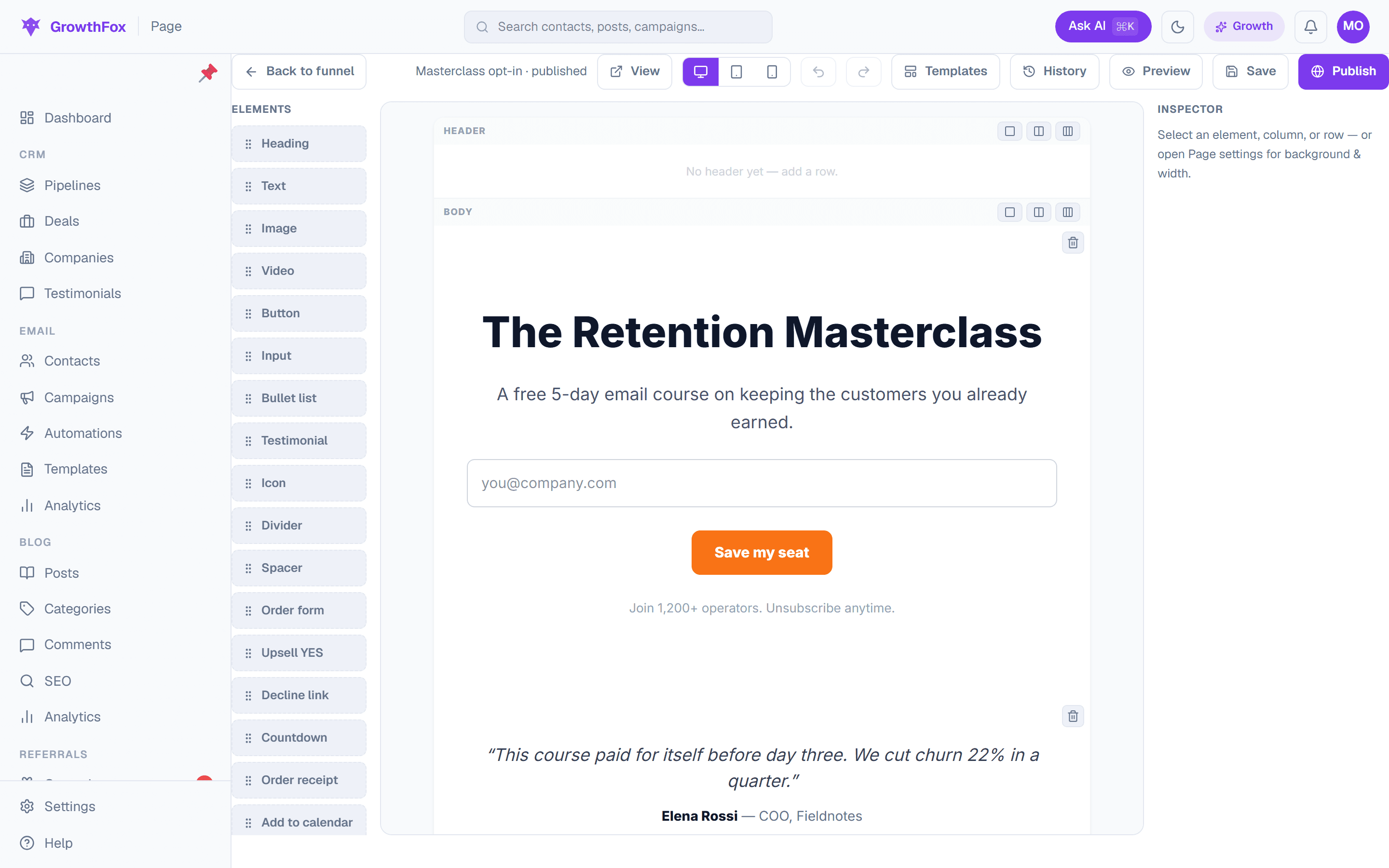 The GrowthFox funnel page builder: drag-and-drop elements, live canvas, version history, A/B testing